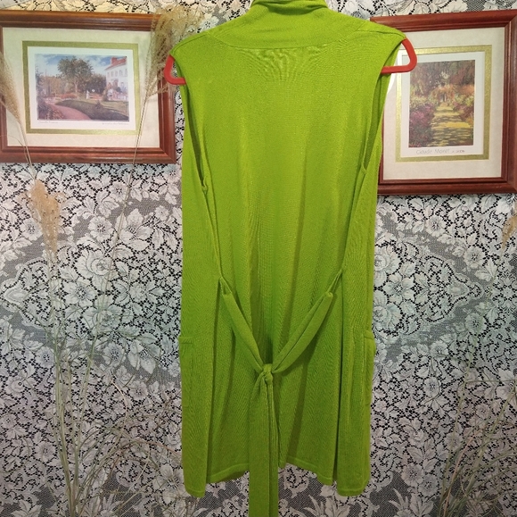 Du Jour apple lime green sleeveless draped open front knit top belt and pockets - Picture 3 of 4